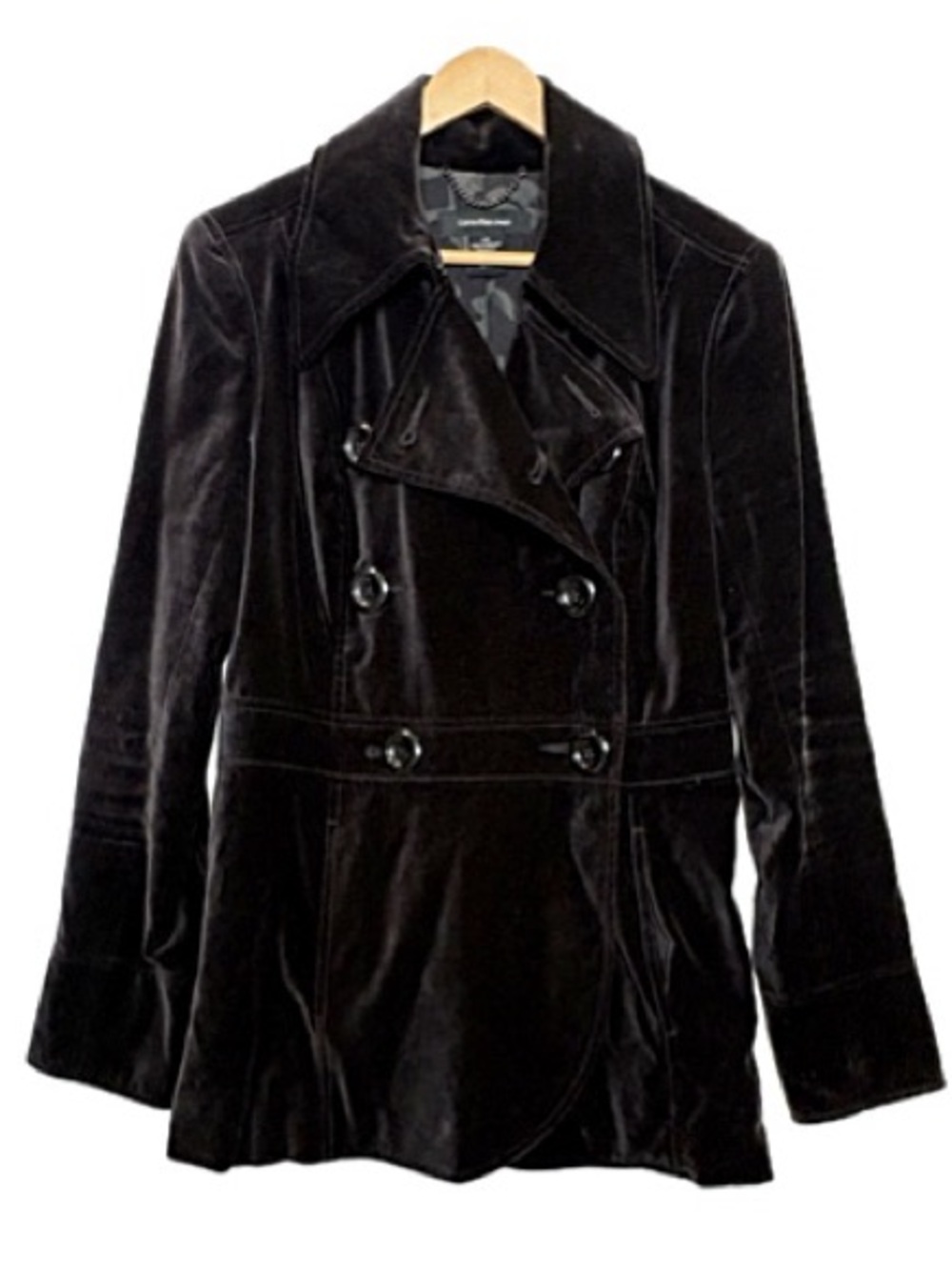 Lucky Brand Black Velvet Pea Coat Womens Size Large Double Breasted Plush Jacket
